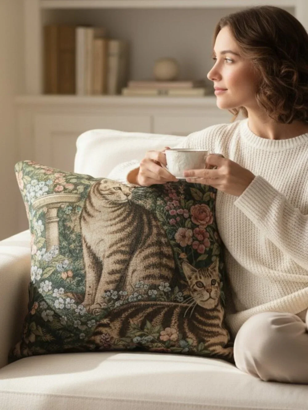 Vintage Tapestry Cat Pillow – Cotton/Linen Blend
